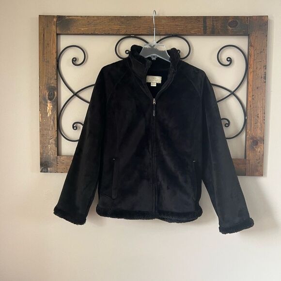 Green Tea Woman Black High Pile Fleece Fur Zipper Long Sleeve Teddy Jacket XL - Picture 2 of 11